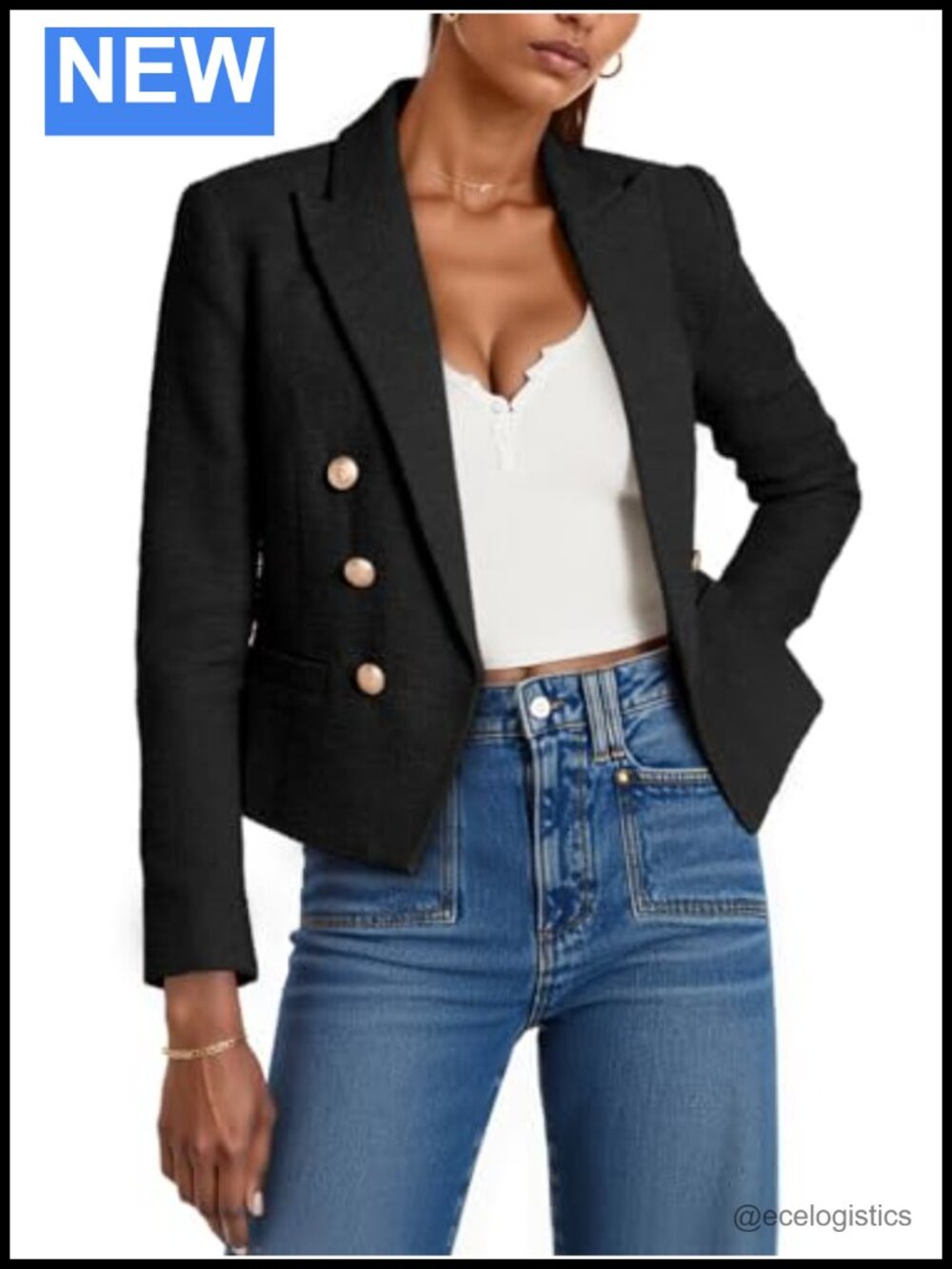 Women Cropped Tweed Blazer Jacket Lapel Long Sleeve Business Suit Jacket Pockets